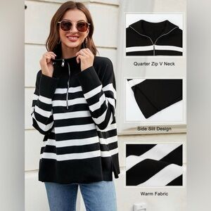 Black and White Striped Quarter Zip Sweater